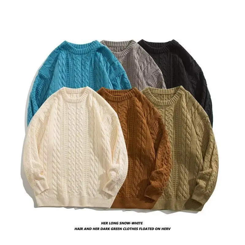 Men's Cream Round Neck Twist Sweater Winter Warm - Image 9