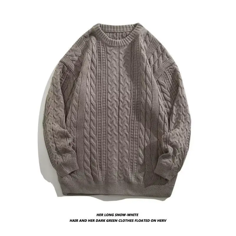 Men's Cream Round Neck Twist Sweater Winter Warm - Image 2