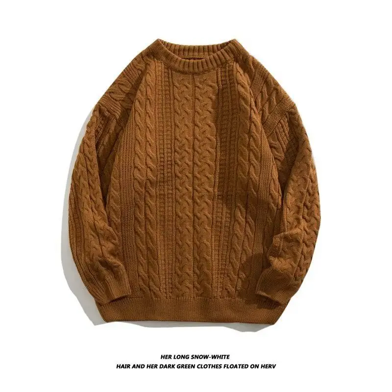 Men's Cream Round Neck Twist Sweater Winter Warm - Image 4