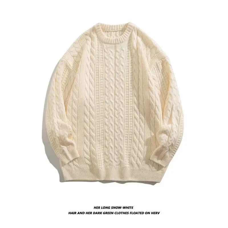 Men's Cream Round Neck Twist Sweater Winter Warm - Image 3
