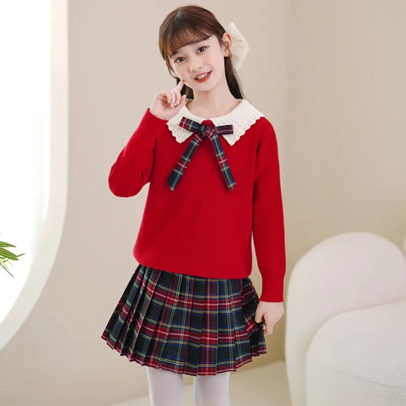 Girls Red Sweater Dress with Plaid Skirt Set - Image 3