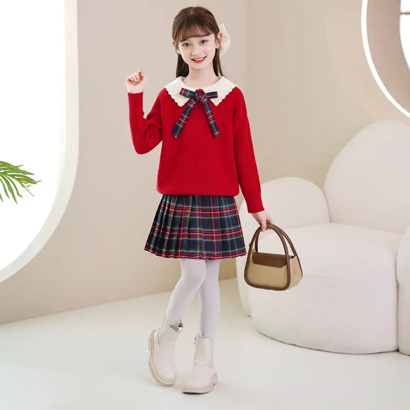 Girls Red Sweater Dress with Plaid Skirt Set - Image 4