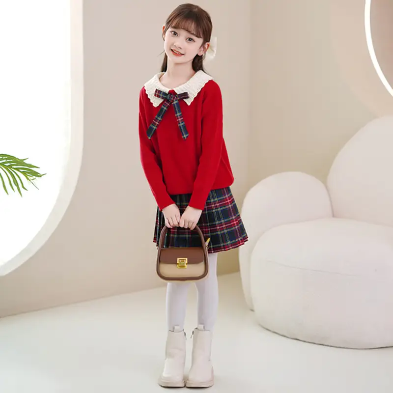 Girls Red Sweater Dress with Plaid Skirt Set - Image 5