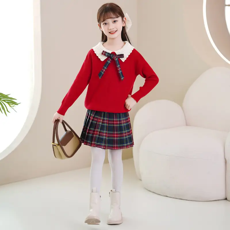 Girls Red Sweater Dress with Plaid Skirt Set - Image 6