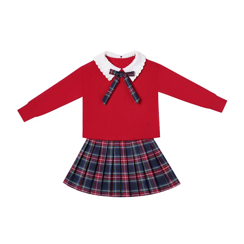 Girls Red Sweater Dress with Plaid Skirt Set - Image 7