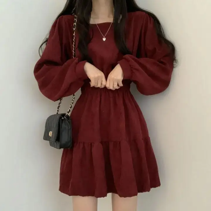 Black Square Collar Slim Pleated Dress for Girls - Image 14