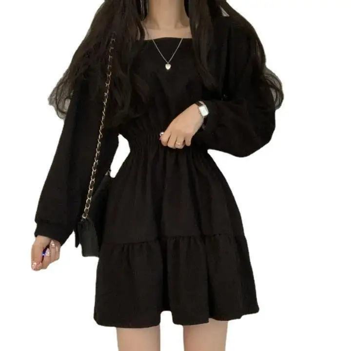 Black Square Collar Slim Pleated Dress for Girls - Image 17