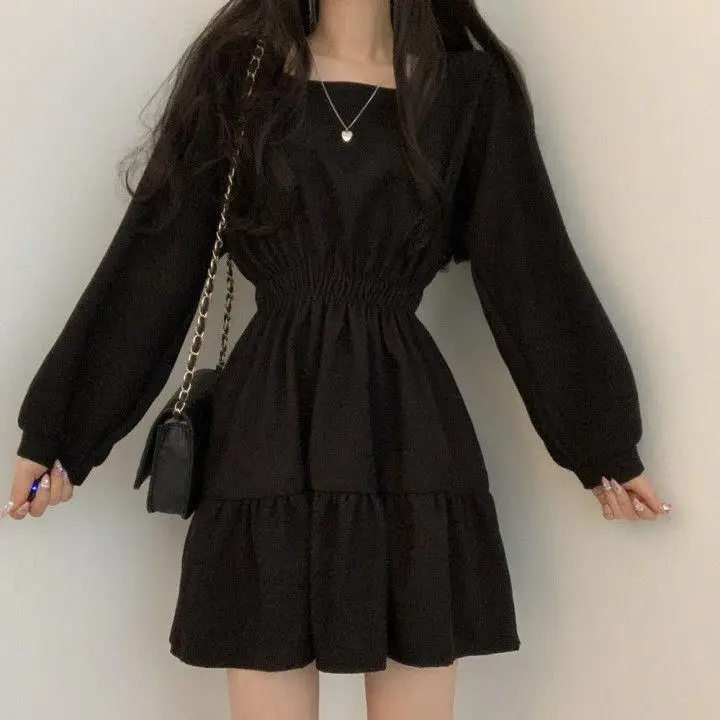 Black Square Collar Slim Pleated Dress for Girls — feature 5