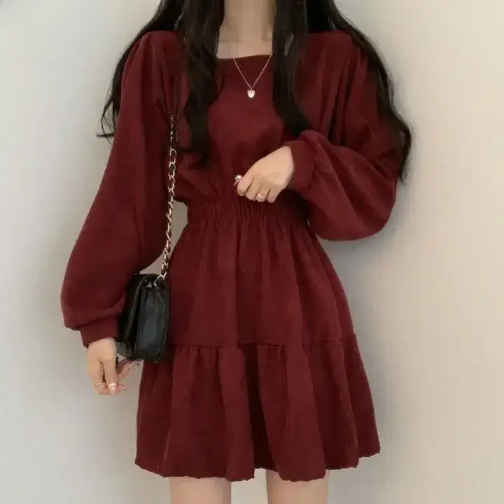 Black Square Collar Slim Pleated Dress for Girls - Image 10