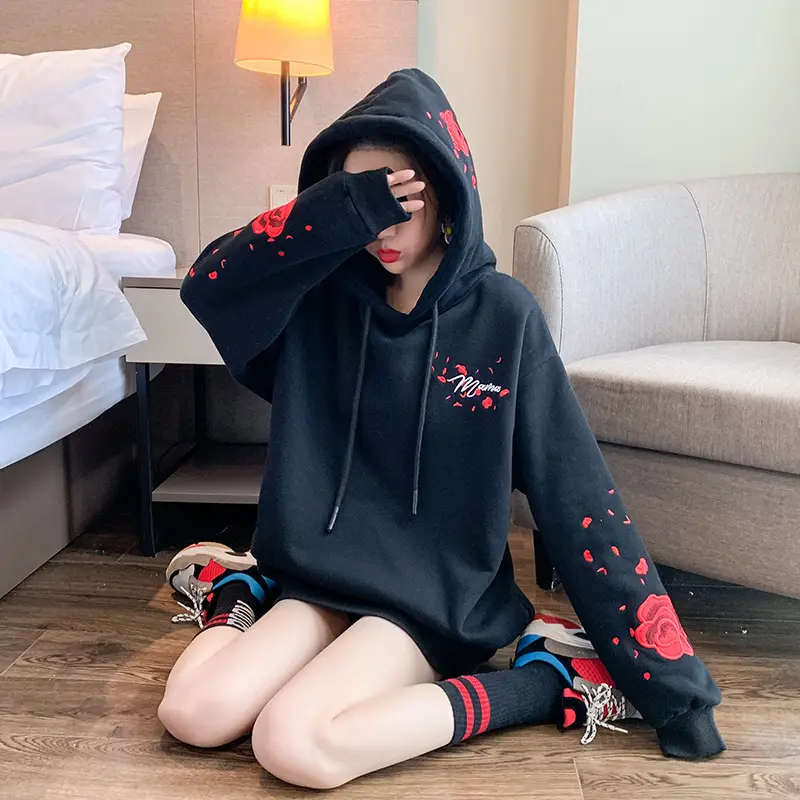 Women Hooded Sweatshirt Black Red Rose White Crane Medium - Image 6