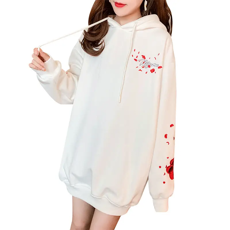 Women Hooded Sweatshirt Black Red Rose White Crane Medium - Image 7