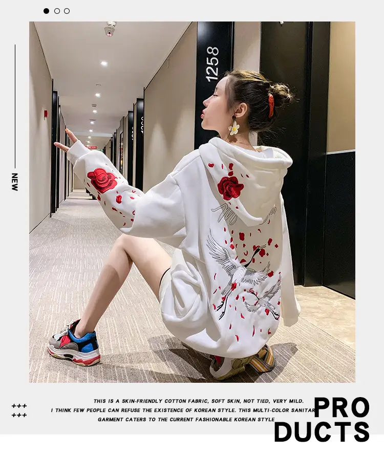 Women Hooded Sweatshirt Black Red Rose White Crane Medium — feature 1