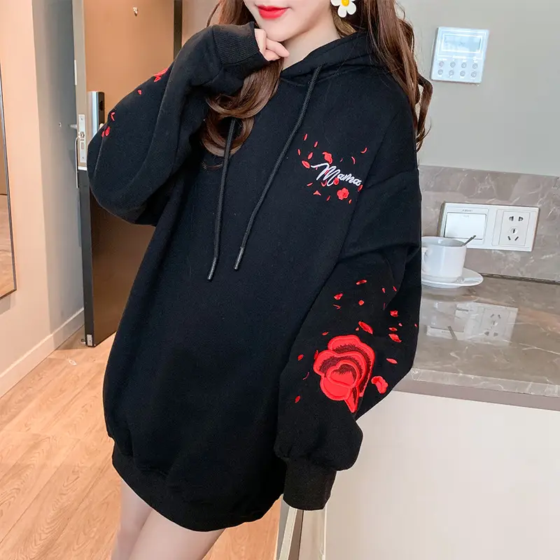 Women Hooded Sweatshirt Black Red Rose White Crane Medium — feature 10