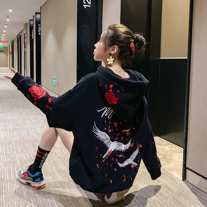 Women Hooded Sweatshirt Black Red Rose White Crane Medium — feature 11
