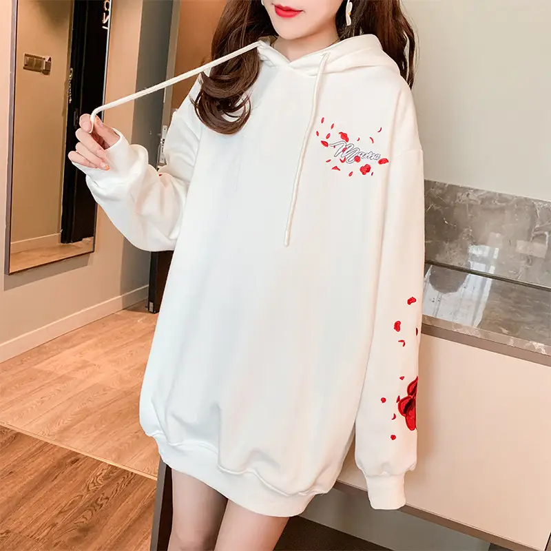 Women Hooded Sweatshirt Black Red Rose White Crane Medium — feature 14