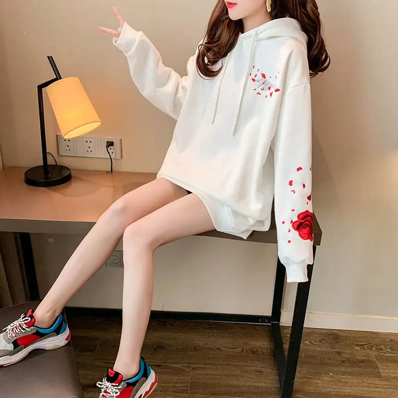 Women Hooded Sweatshirt Black Red Rose White Crane Medium — feature 15