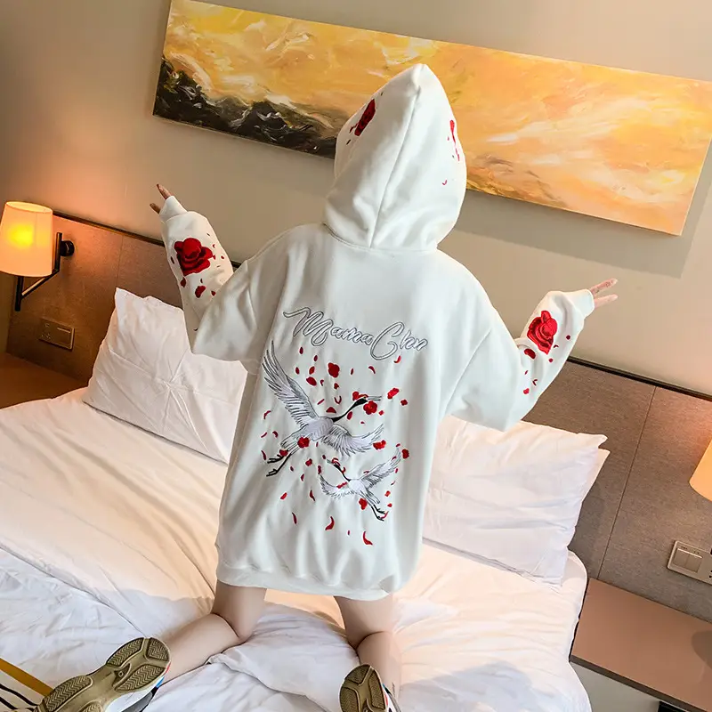 Women Hooded Sweatshirt Black Red Rose White Crane Medium — feature 16