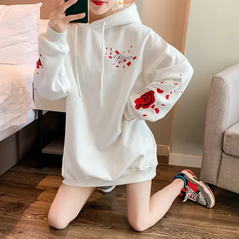 Women Hooded Sweatshirt Black Red Rose White Crane Medium — feature 17
