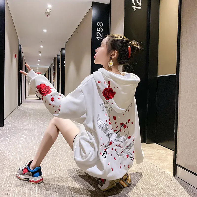 Women Hooded Sweatshirt Black Red Rose White Crane Medium — feature 18