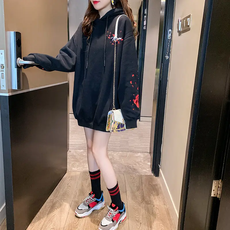 Women Hooded Sweatshirt Black Red Rose White Crane Medium — feature 7