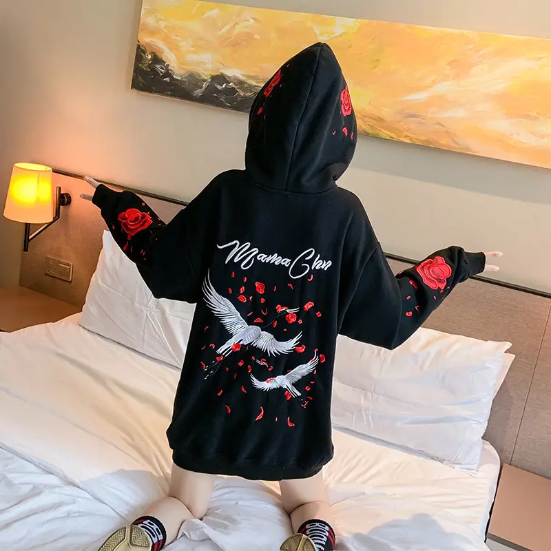 Women Hooded Sweatshirt Black Red Rose White Crane Medium — feature 9