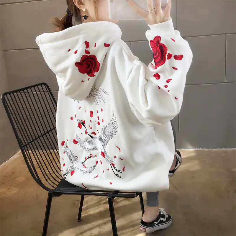 Women Hooded Sweatshirt Black Red Rose White Crane Medium - Image 3