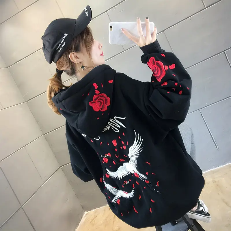 Women Hooded Sweatshirt Black Red Rose White Crane Medium - Image 4