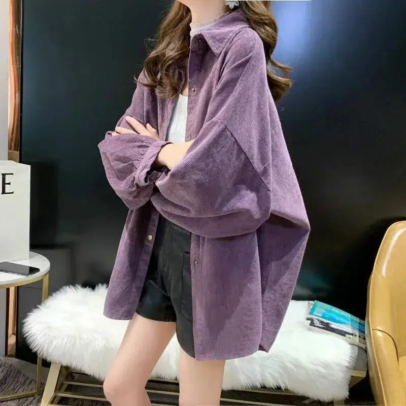Long Sleeve Corduroy Shirt Women Purple Loose Layered