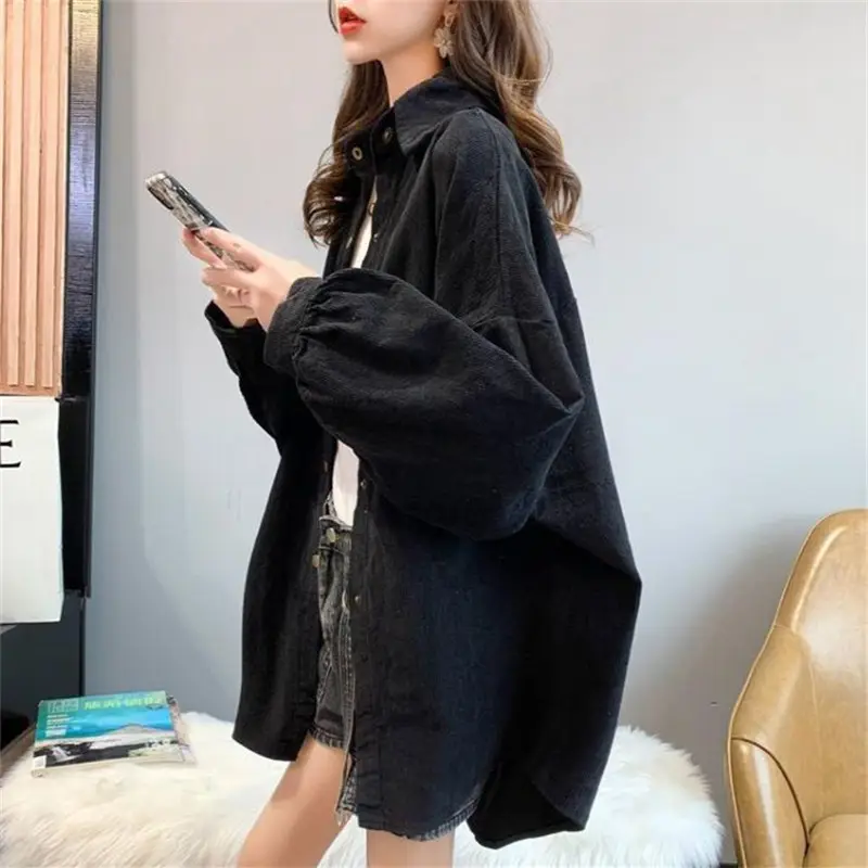Long Sleeve Corduroy Shirt Women Purple Loose Layered