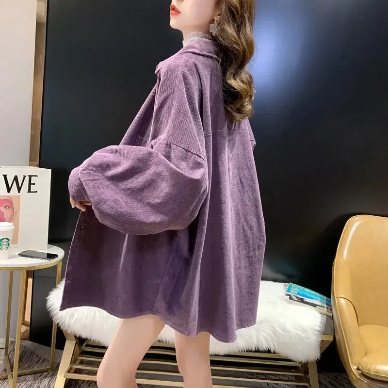 Long Sleeve Corduroy Shirt Women Purple Loose Layered — feature 5