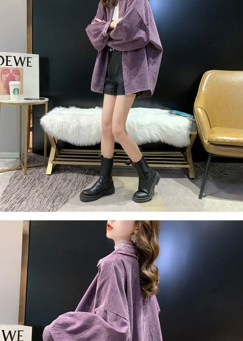 Long Sleeve Corduroy Shirt Women Purple Loose Layered — feature 6