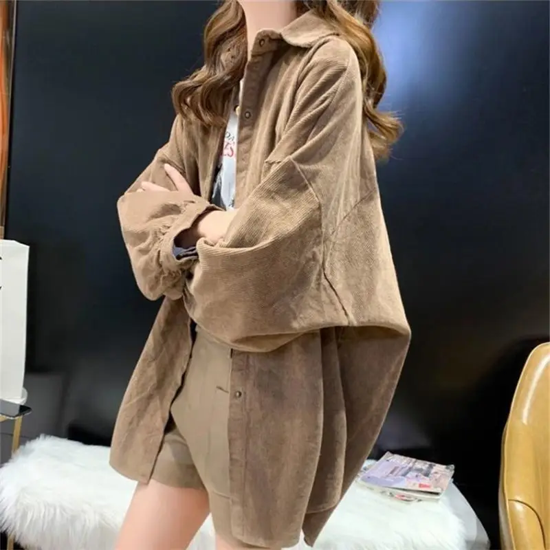 Long Sleeve Corduroy Shirt Women Purple Loose Layered