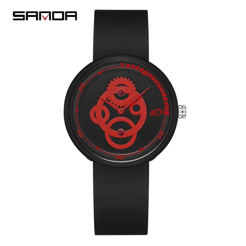 Sanda Men's Black Silicone Mechanical Watch with Gold Face - Image 4
