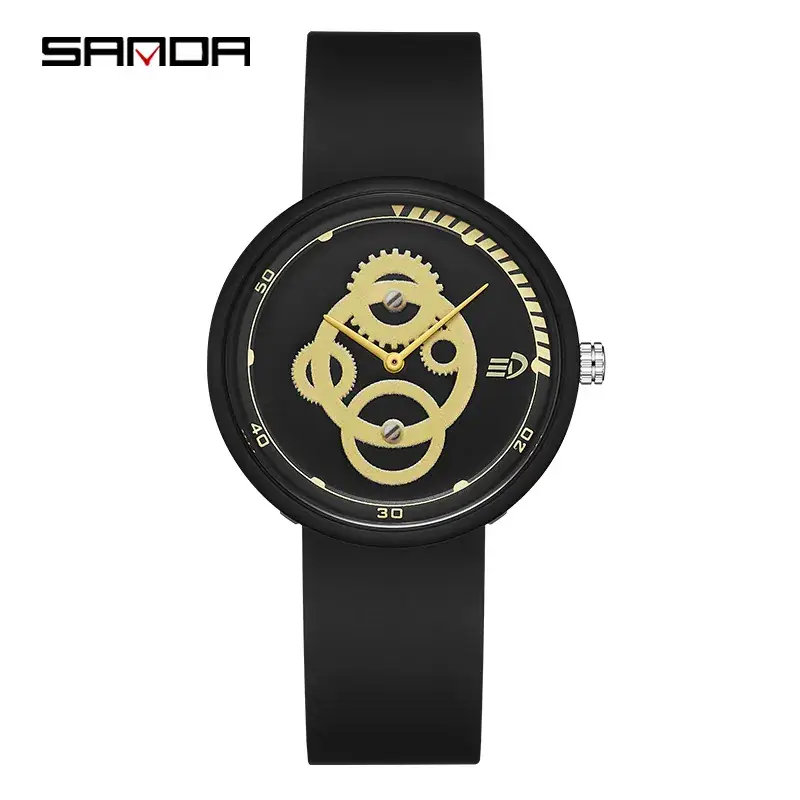 Sanda Men's Black Silicone Mechanical Watch with Gold Face - Image 6