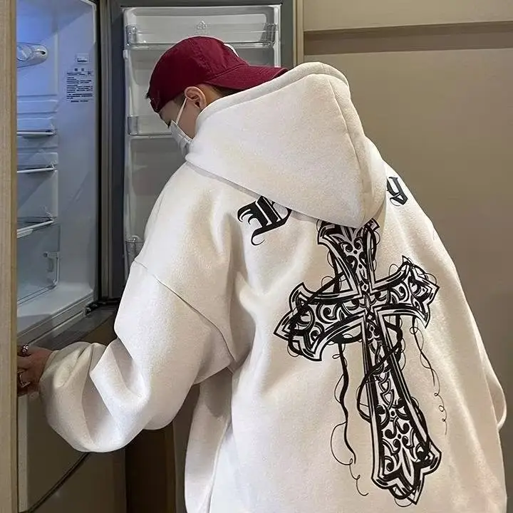 Men's Black Retro Cross Hooded Fleece Jacket Winter