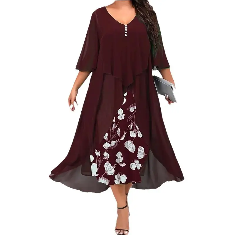 Women's Chiffon Embroidered Dress Maroon Large - Image 6