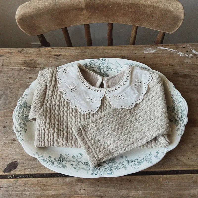 Korean Style Lace Collar Baby T-Shirt Cream - Image 4