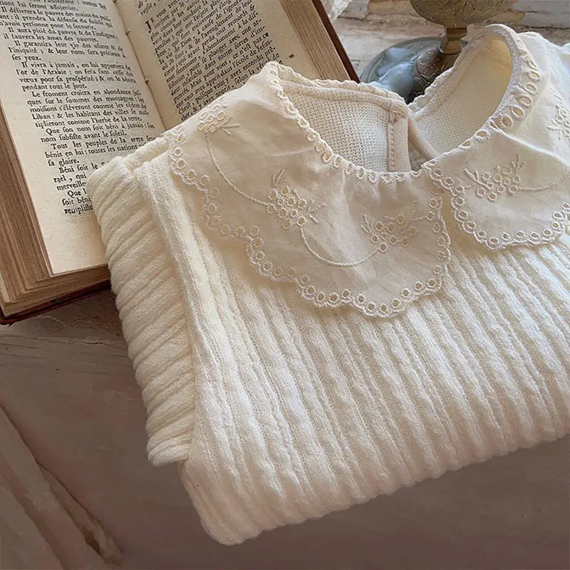 Korean Style Lace Collar Baby T-Shirt Cream - Image 2