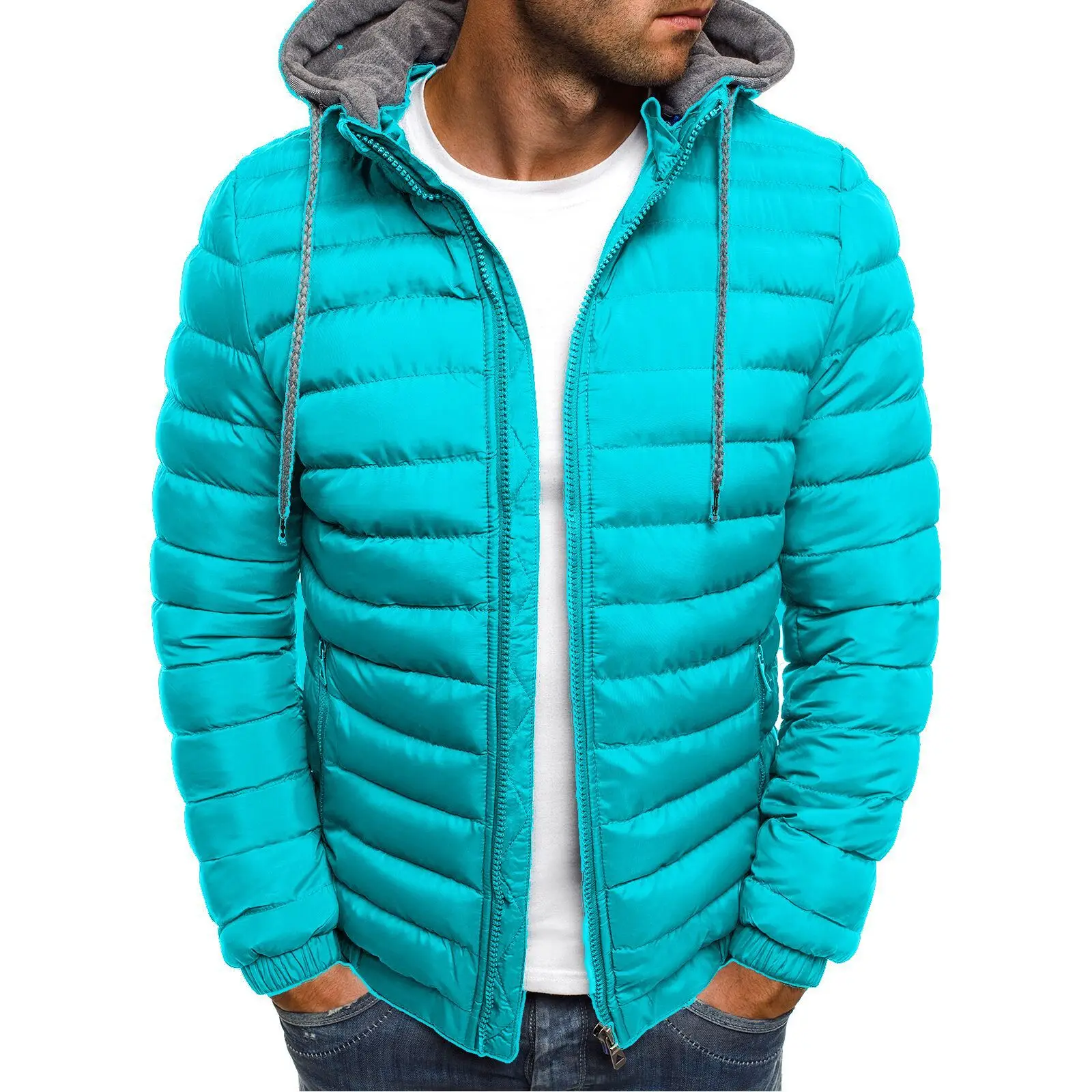 Men's Teal Hooded Puffer Coat Winter Warmth - Image 3