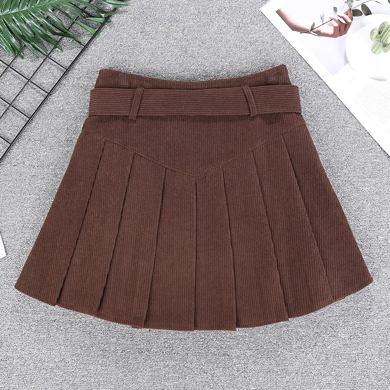 Brown High-Waisted Corduroy Pleated Skirt for Women