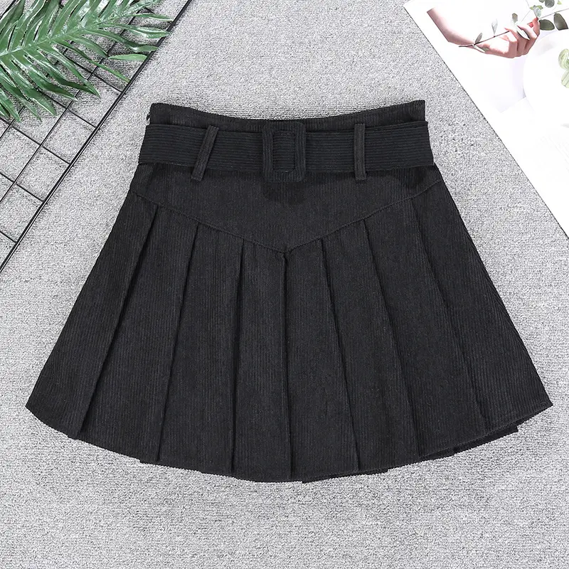 Brown High-Waisted Corduroy Pleated Skirt for Women