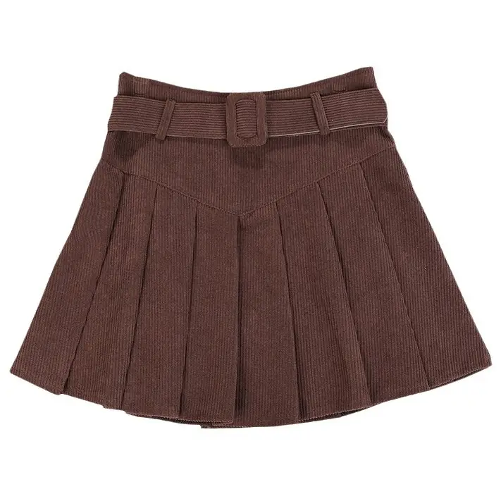 Brown High-Waisted Corduroy Pleated Skirt for Women