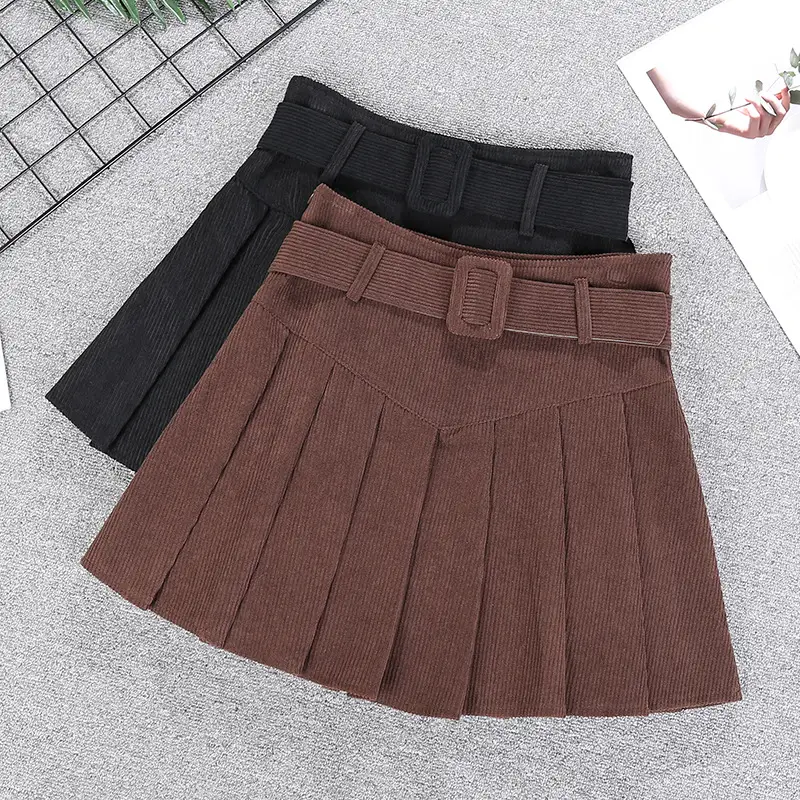 Brown High-Waisted Corduroy Pleated Skirt for Women — feature 1