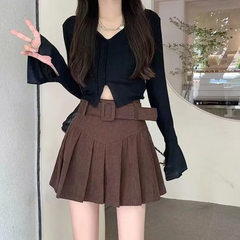 Brown High-Waisted Corduroy Pleated Skirt for Women — feature 11