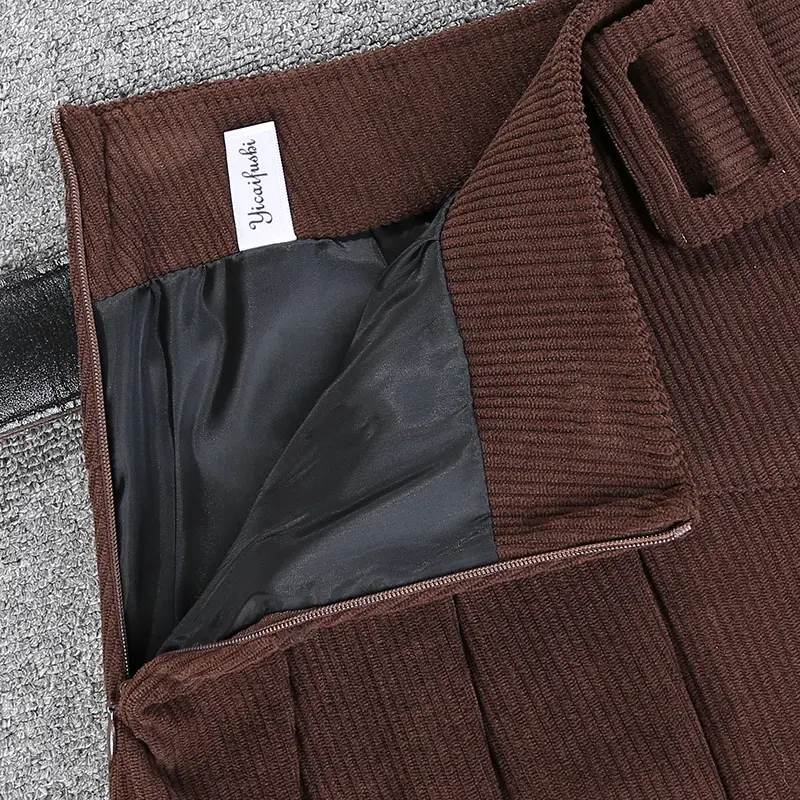 Brown High-Waisted Corduroy Pleated Skirt for Women — feature 6
