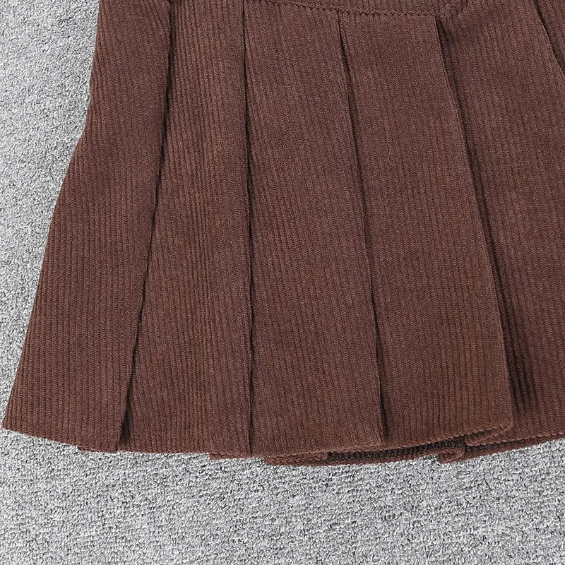 Brown High-Waisted Corduroy Pleated Skirt for Women — feature 7