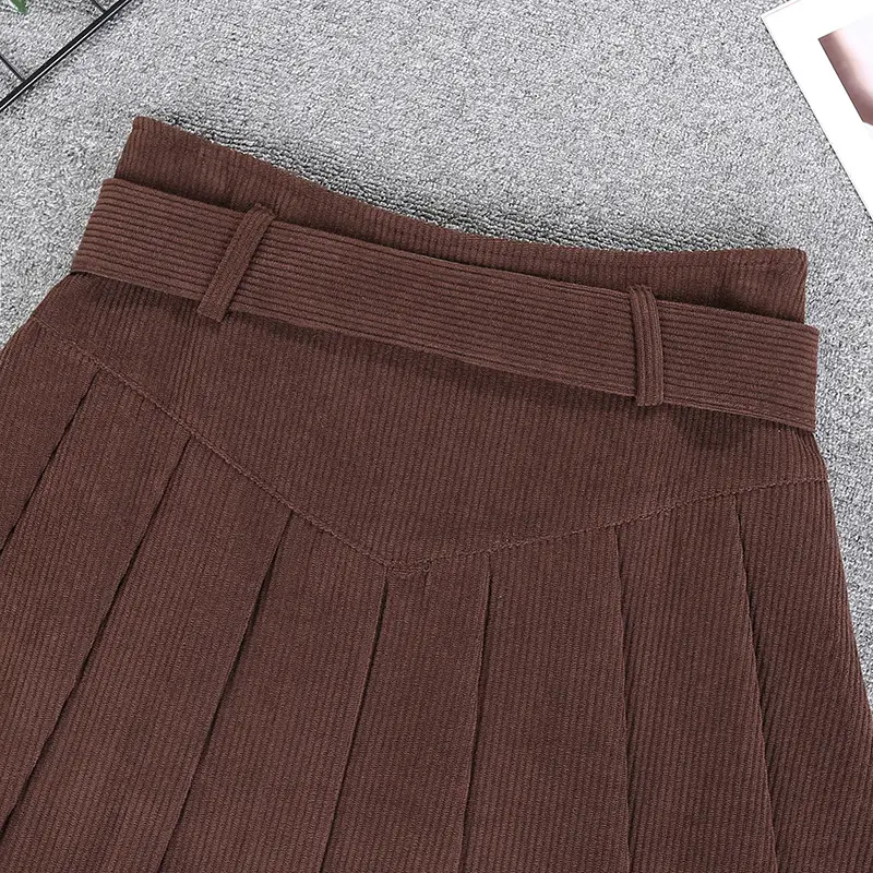 Brown High-Waisted Corduroy Pleated Skirt for Women — feature 9