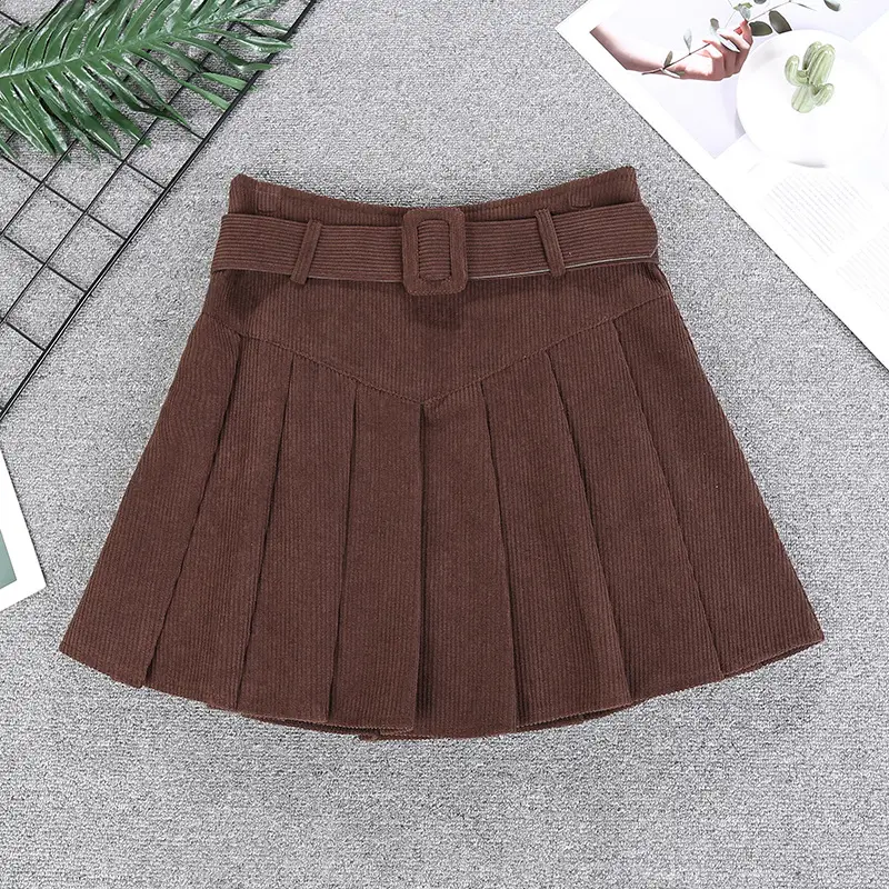 Brown High-Waisted Corduroy Pleated Skirt for Women