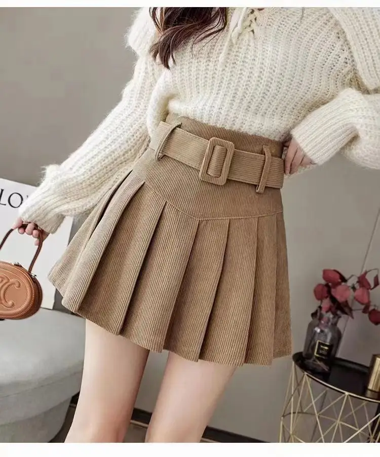 Brown High-Waisted Corduroy Pleated Skirt for Women