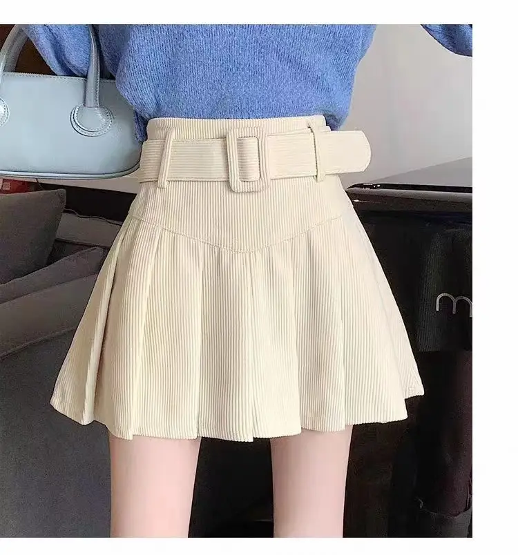 Brown High-Waisted Corduroy Pleated Skirt for Women